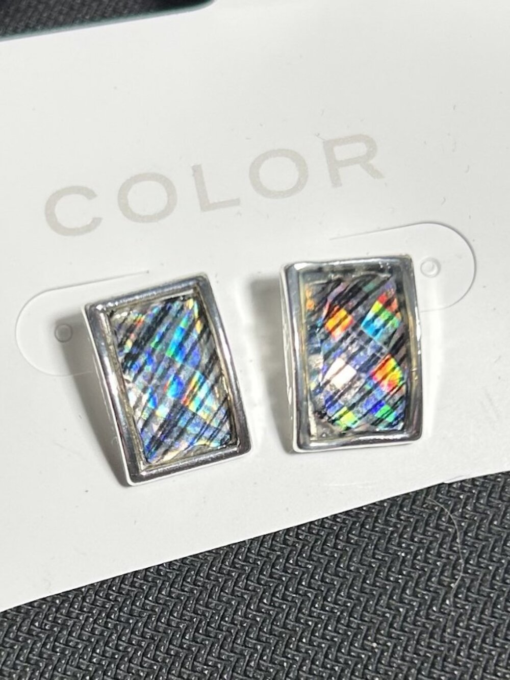 Color Brand Silver Holographic Plaid Geometric Rectangle Stud Earrings New